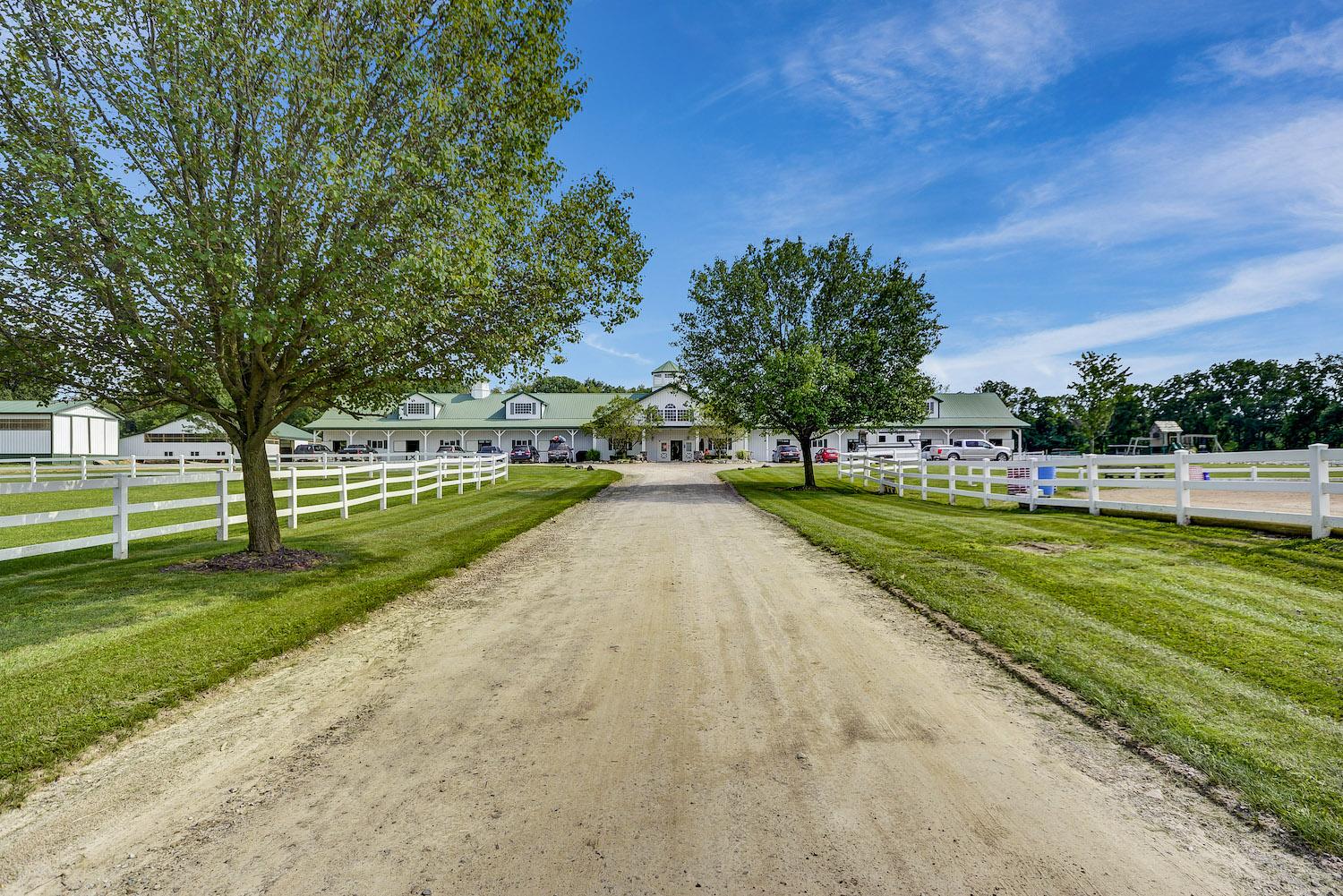 Tree-lined drive between white-fenced paddocks at an equestrian facility in Dexter